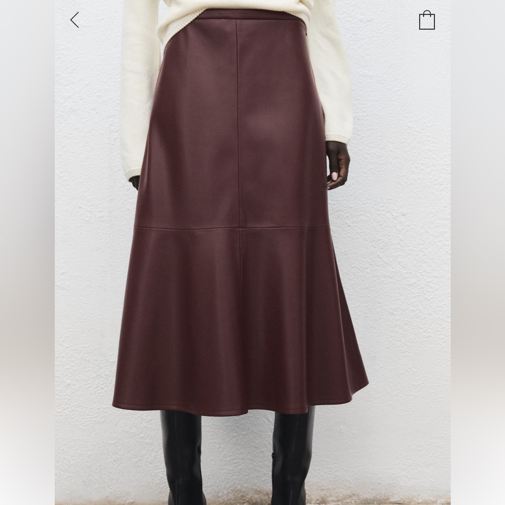 Mango Burgundy Faux-Leather Midi-Skirt